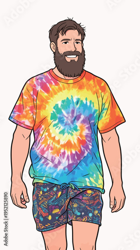 Man walks on the beach wearing a colorful shirt and swim shorts during a sunny day in summer