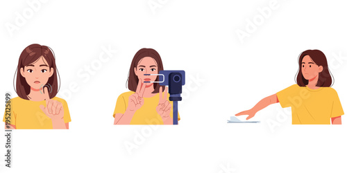 Illustration of a young woman displaying different hand gestures and actions