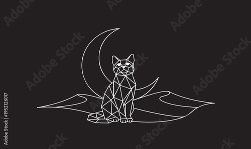 Geometric Low Poly Cat with Crescent Moon and Desert Dunes White Line Art Black Background