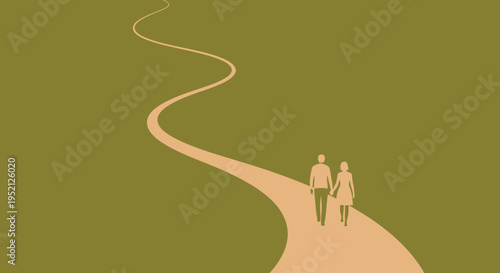 Minimalist Illustration of a Couple Walking Together on a Winding Path Representing Life Journey and Partnership