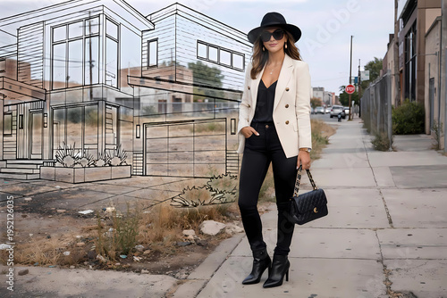 woman real estate agent developer stands in front of vacant lot with architect's sketch superimposed to give an impression of how a new house might look there
