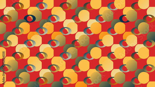 Geometric Pattern with Hexagons and Rings on Red Background vector illustration