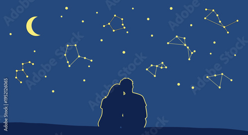 Romantic Couple Silhouette Looking at Starry Night Sky with Constellations and Crescent Moon - Minimalist Illustration for Astrology and Love Themes