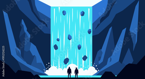 Minimalist Vector Illustration of Two Adventurers Discovering a Giant Waterfall in a Dark Blue Cave with Falling Rocks
