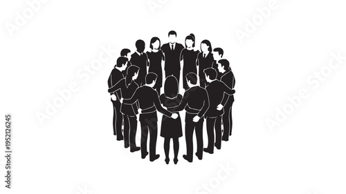 Silhouette of a diverse business team standing in a circle for unity and collective cooperation.