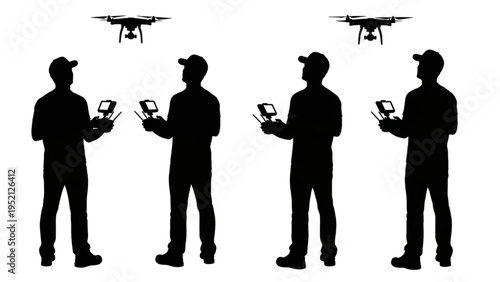 Silhouette of multiple drone operators piloting UAVs, showcasing modern aerial technology and remote control expertise