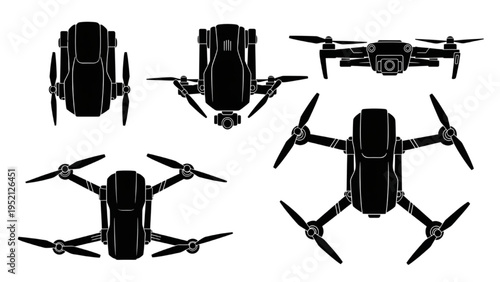 Comprehensive Set of Modern Drone Silhouettes Showcasing Advanced Aerial Technology from Multiple Perspectives
