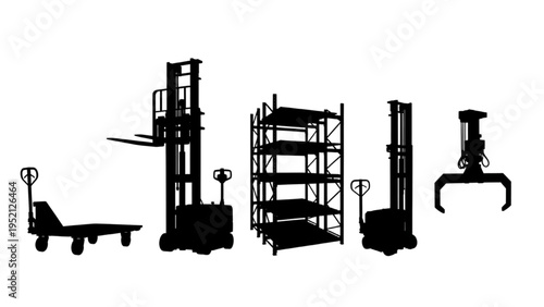 Warehouse and logistics equipment silhouettes set for industrial operations and material handling