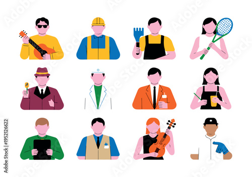 Diverse people avatars represent a variety of occupations hobbies and professional roles