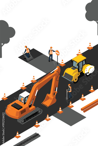 Isometric road construction scene featuring orange hydraulic excavator and yellow soil compactor with workers in safety vests managing traffic cones for urban infrastructure development.
