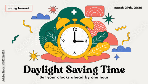 A vibrant illustration depicts a yellow alarm clock signaling the transition to daylight saving time and spring forward on march 29th, 2026. high-quality professional detailed