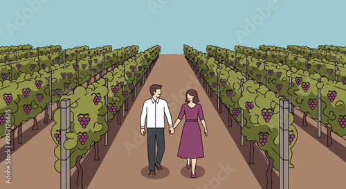 Couple Holding Hands Walking Through Vineyard Winery Illustration