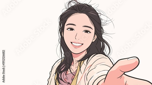 Smiling young woman extending hand toward the camera in a bright setting during daytime