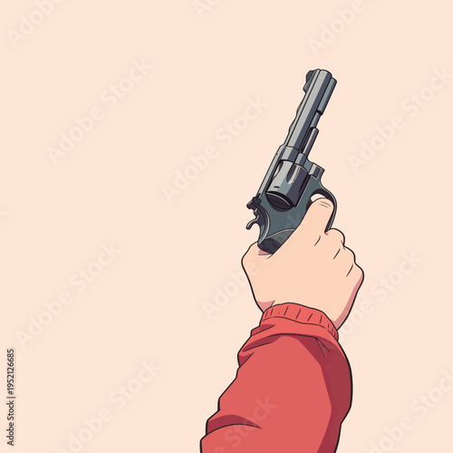 Holding a handgun in a steady grip with a plain background during a focused moment