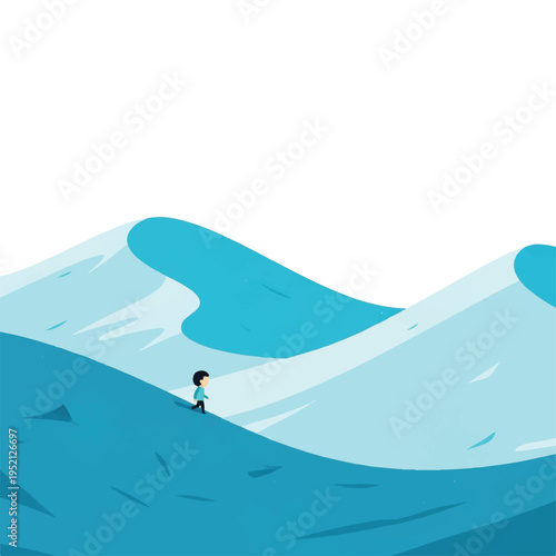 Minimalist illustration of a solitary figure ascending a vast blue dune landscape under a clear sky, symbolizing journey, challenge, and exploration.