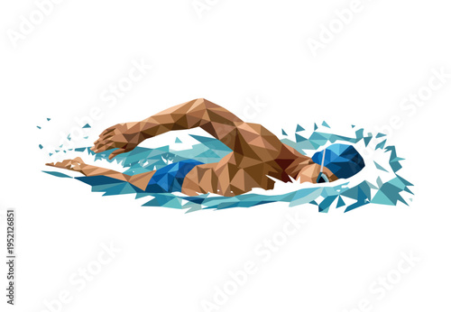 Dynamic low polygon athlete swimming freestyle with water splashes around the moving body