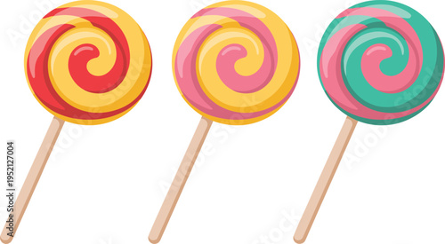 Set of three colorful swirl lollipops on wooden sticks featuring vibrant red, yellow, pink, and teal green candy swirls for sweet shop decor
