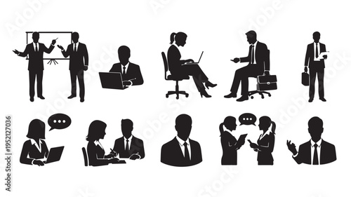 Collection of professional business silhouettes featuring men and women in various office scenarios, meetings, and workplace activities.