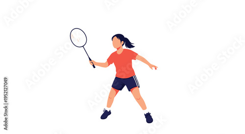 Young girl wearing a red shirt and blue shorts prepares to hit a shuttlecock with her badminton racket in an active pose.