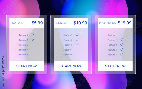 Pricing table ui design with glassmorphism effect on neon gradient background. Set of three subscription plan cards for web and app interface. Vector template for website landing pages, SaaS platforms