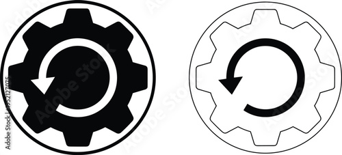 Settings reset and system update gear icons featuring circular rotation arrows in black solid and thin line vector styles isolated on white