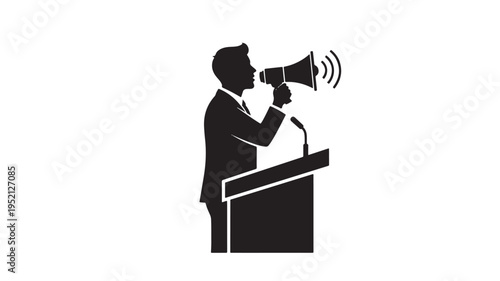 Silhouette of a professional male speaker using a megaphone at a podium for public speaking and leadership communication.