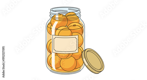 Clear glass jar with a metal lid is filled with whole preserved apricots or peaches against a plain white background.