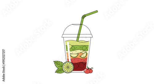 Layered fruit smoothie or healthy drink in a clear plastic cup features lime and cherry garnish and a green flexible straw.