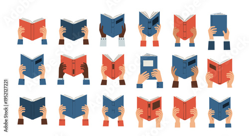 Collection of hands with different skin tones hold various open books in red and blue covers, symbolizing the joy of reading.