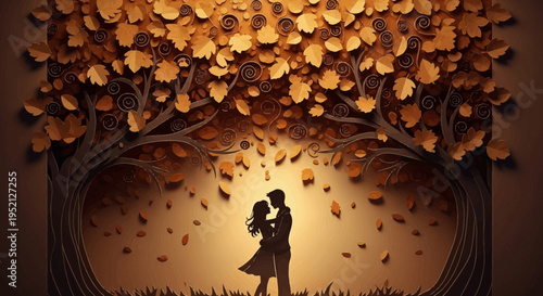 Romantic Silhouette of a Couple Embracing Under an Autumn Tree, 3D Paper Cut Art Style, Gold and Brown Warm Tones Illustration