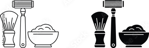 Shaving kit icon set with razor brush and foam bowl, outline and solid style grooming vector illustration