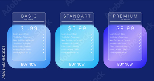 Pricing table templates with glassmorphism effect. Subscription plans cards, glass panels on vibrant gradient background. Vector template for web design, landing pages and business services.
