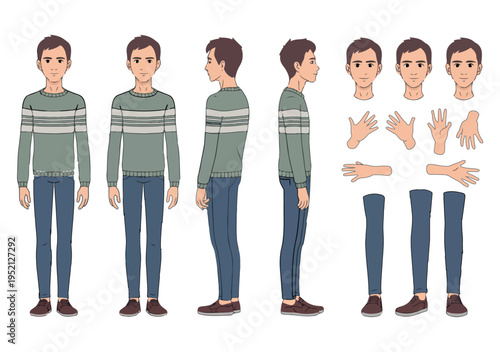 Full body turnaround sheet of a cartoon man showing different views with separate body parts