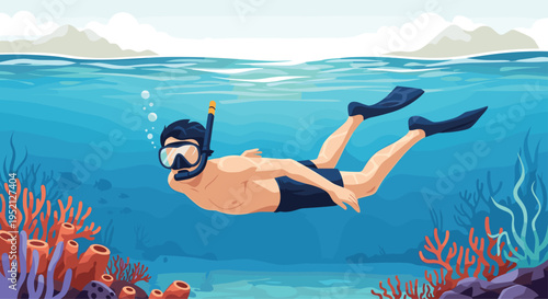Male snorkeler explores a vibrant coral reef underwater while wearing a diving mask and flippers in a tropical sea environment.