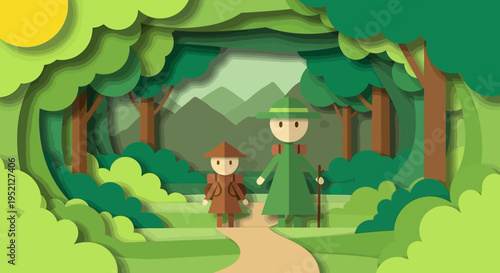 Paper Cut Art Illustration of Family Hiking in Lush Green Forest Trail with Mountains
