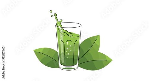 Refreshing glass of green vegetable juice or healthy smoothie features a dynamic splash and fresh green leaves on a white backdrop.