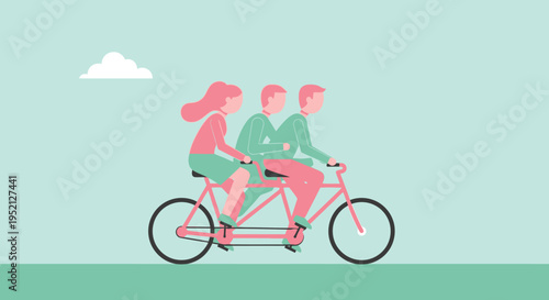Teamwork and Collaboration Concept: Minimalist Flat Illustration of Three People Riding a Tandem Bicycle