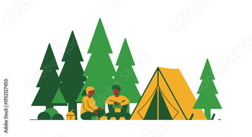 Minimalist Flat Vector Illustration of a Couple Camping in a Pine Forest with a Yellow Tent