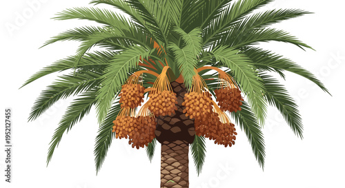 Date palm tree stands tall with clusters of ripe brown dates hanging under lush green fronds against a plain white background.