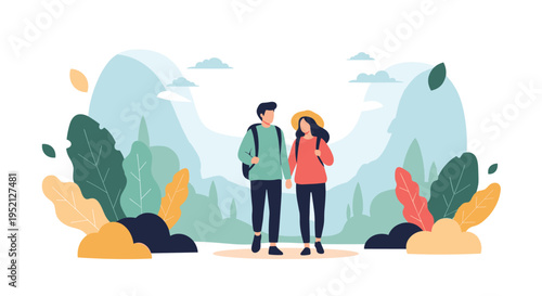 Man and woman wearing backpacks walk together through a scenic landscape with mountains and colorful autumn foliage in a nature park.