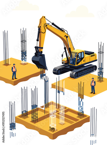 Isometric vector illustration of a yellow excavator working on a building foundation with rebar pillars construction workers and steel reinforcements on white background (23 words)