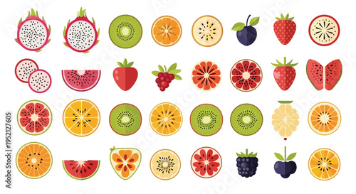 Large set of colorful fruit icons includes slices of kiwi, orange, dragon fruit, strawberry, and watermelon isolated on a white background.