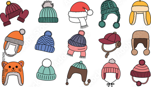 Sixteen winter hats and accessories, beanies, scarves, mittens, trapper hats, Santa hat, cozy seasonal fashion clothing, cartoon style illustration