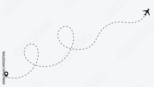 Flight Route Line Icon with Airplane Silhouette and Curved Dotted Path Travel Vector Illustration
