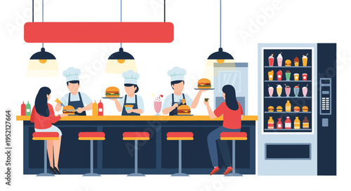 Three chefs prepare burgers at a fast food restaurant counter while customers wait and a vending machine stands nearby in a diner.