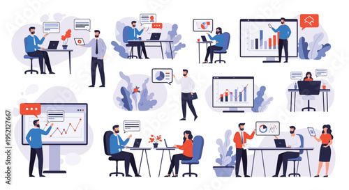 Collection of business people characters work at desks, give presentations, and analyze data charts in a modern office or coworking space.