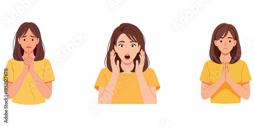 Three girls in yellow t-shirts displaying different emotions sadness, shock, and prayer