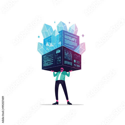 Man holding heavy digital data boxes with crystals, representing technology and information overload