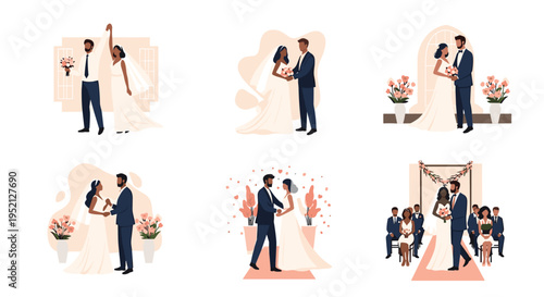 Set of diverse wedding couples in various romantic poses during their ceremony with flowers, arches, and guests in elegant attire.