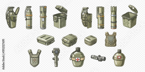 Collection of military equipment and supplies including grenades, ammunition, vests, and medical kits, in a pixel art style.